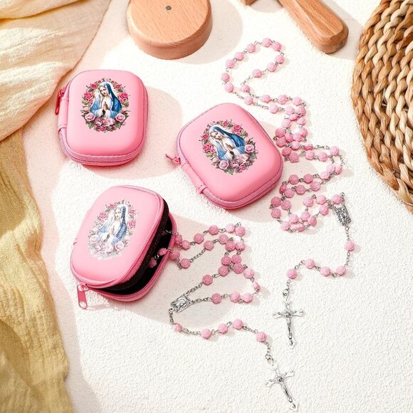 12 Pink Rosary Beads Catholic Set with Virgin Mary Box for Women - Picture 6 of 6